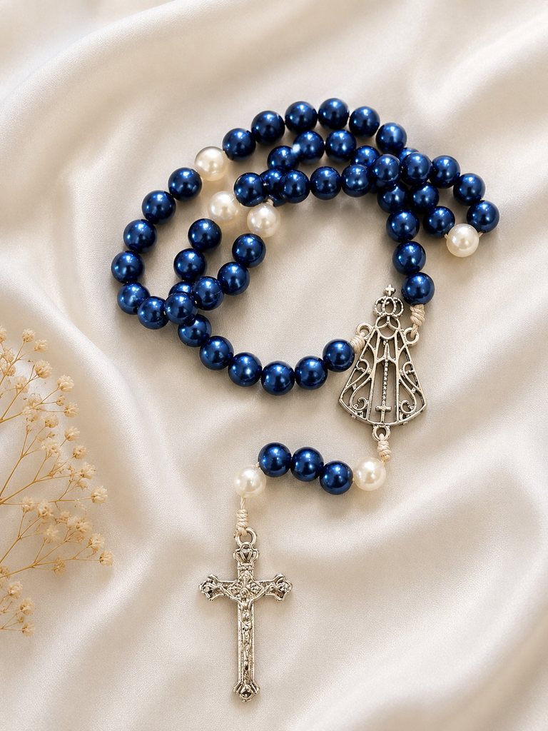 Terço Nossa Senhora Aparecida em níquel (azul e branco)