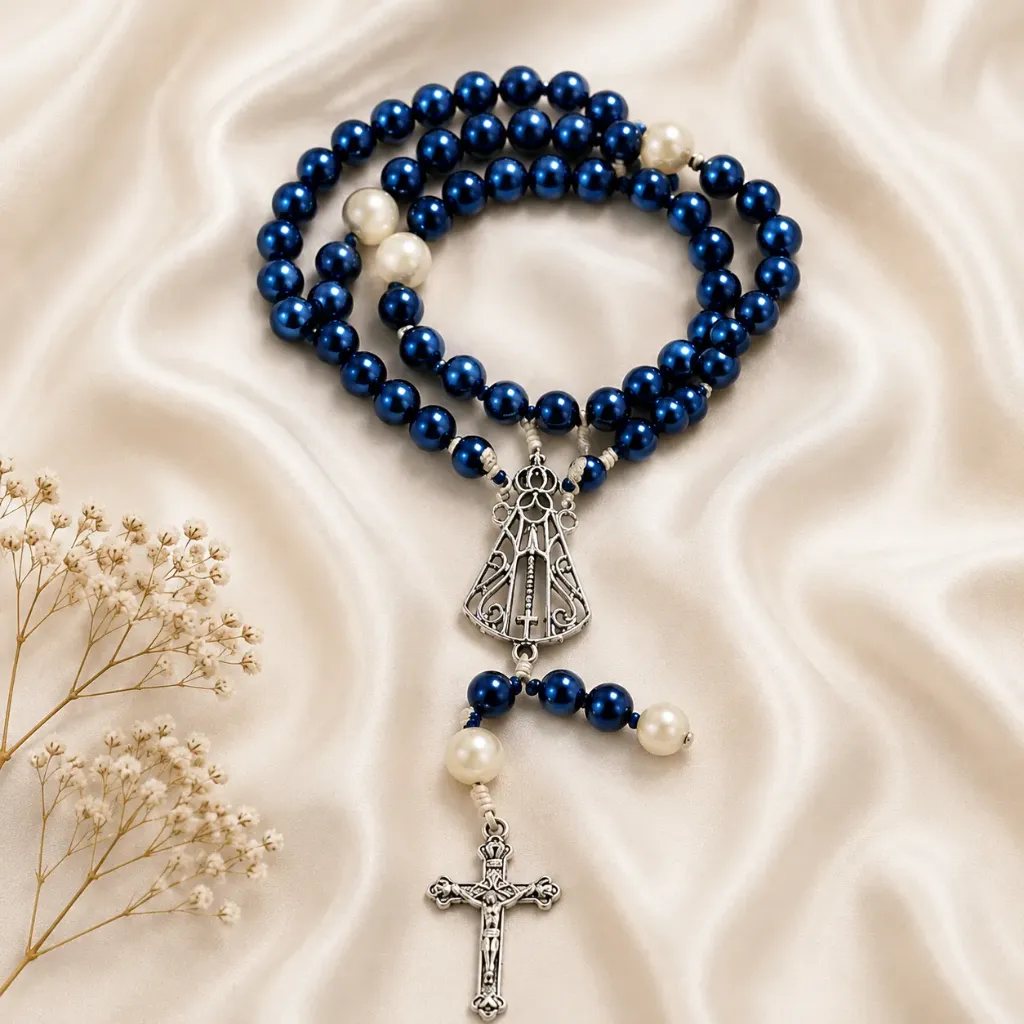 Terço Nossa Senhora Aparecida em níquel (azul e branco)