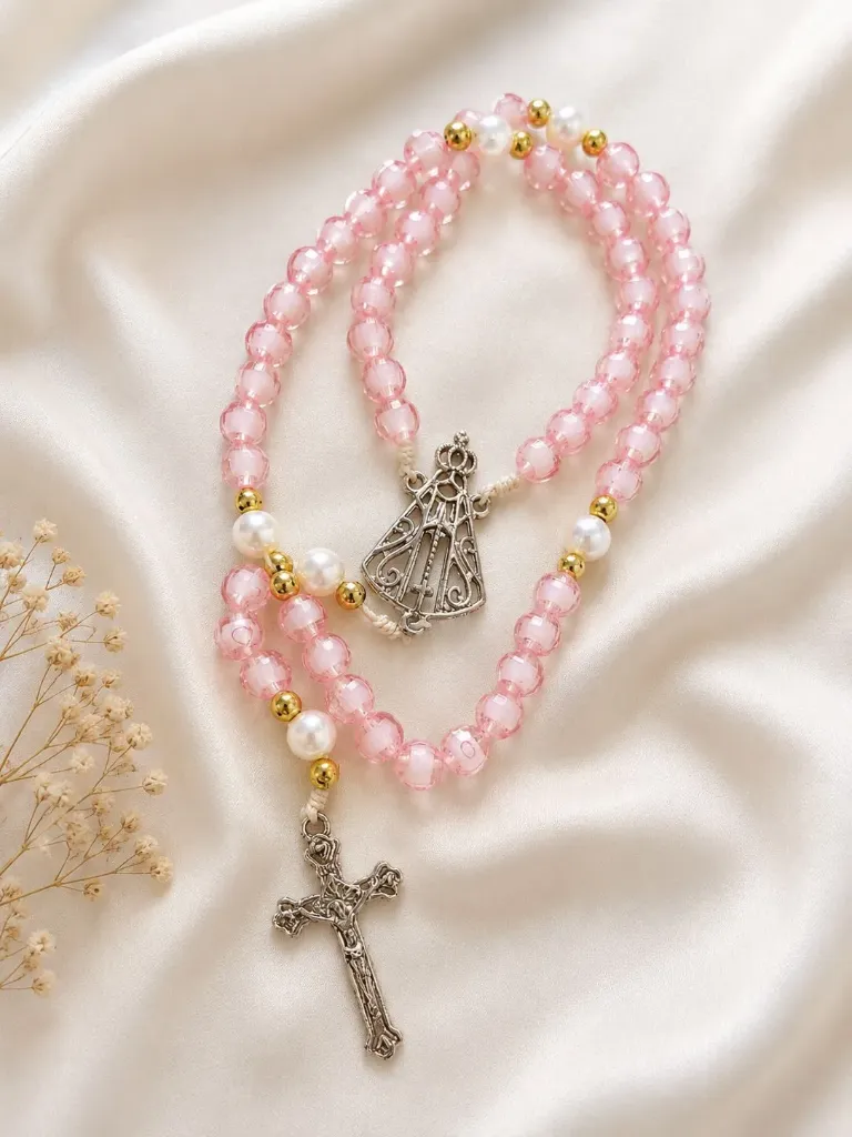 Terço Nossa Senhora Aparecida em níquel (rosa e dourado)